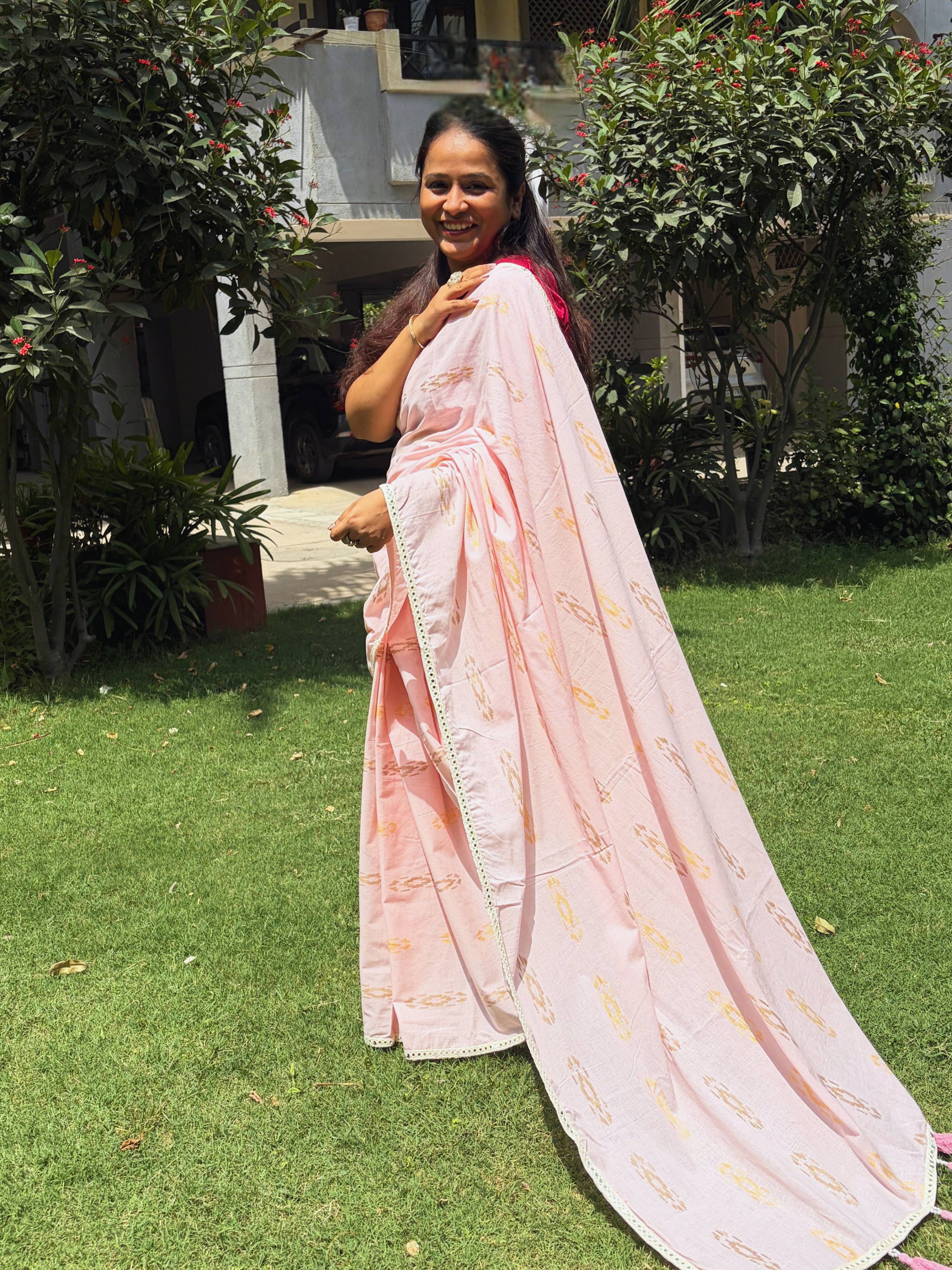 Blush Pink Ikkat Linen Saree Casual Festive Look Ethnyk Dori