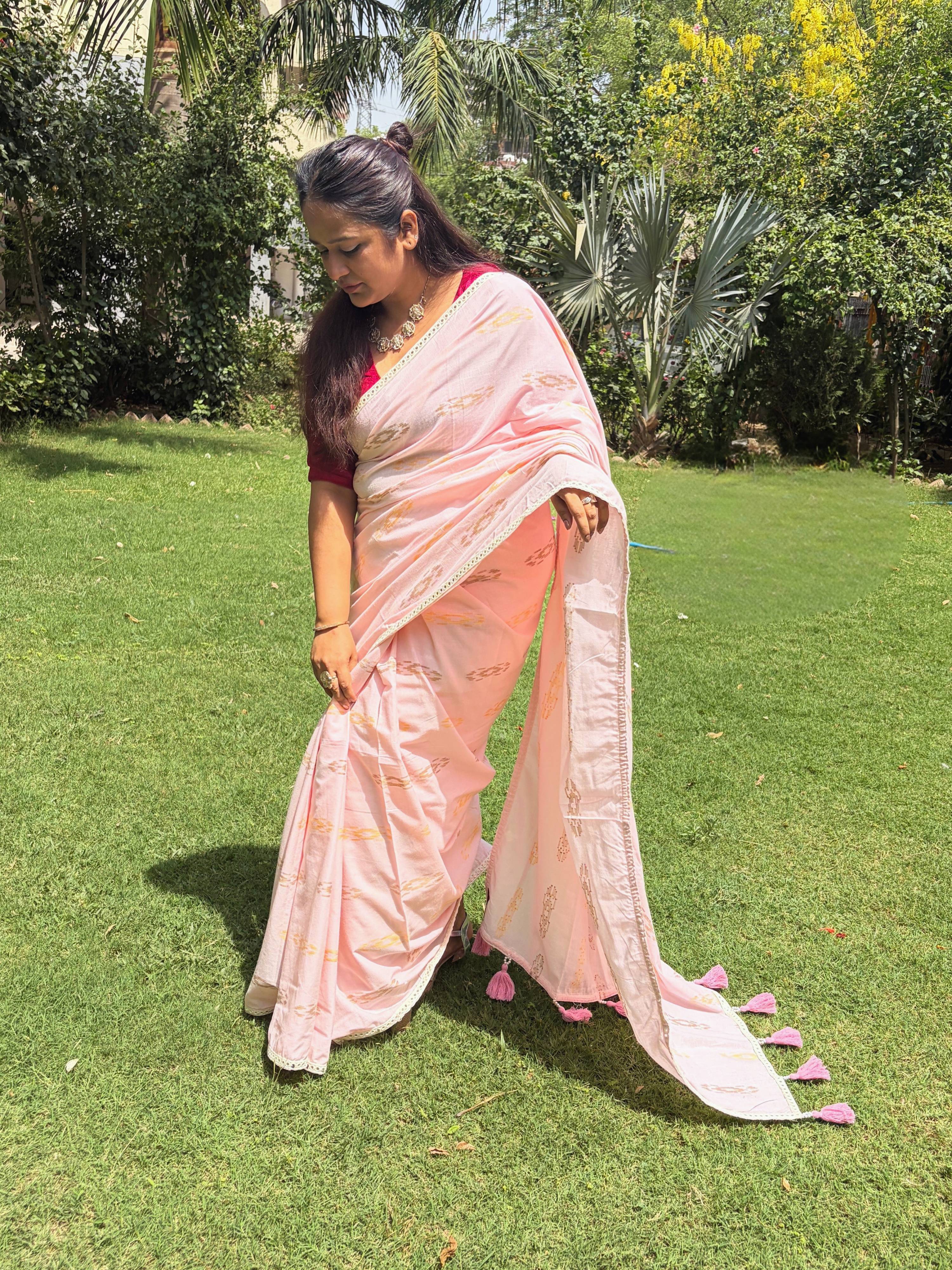 Premium Linen Ikkat Saree Blush Pink Fabric Texture Ethnyk Dori