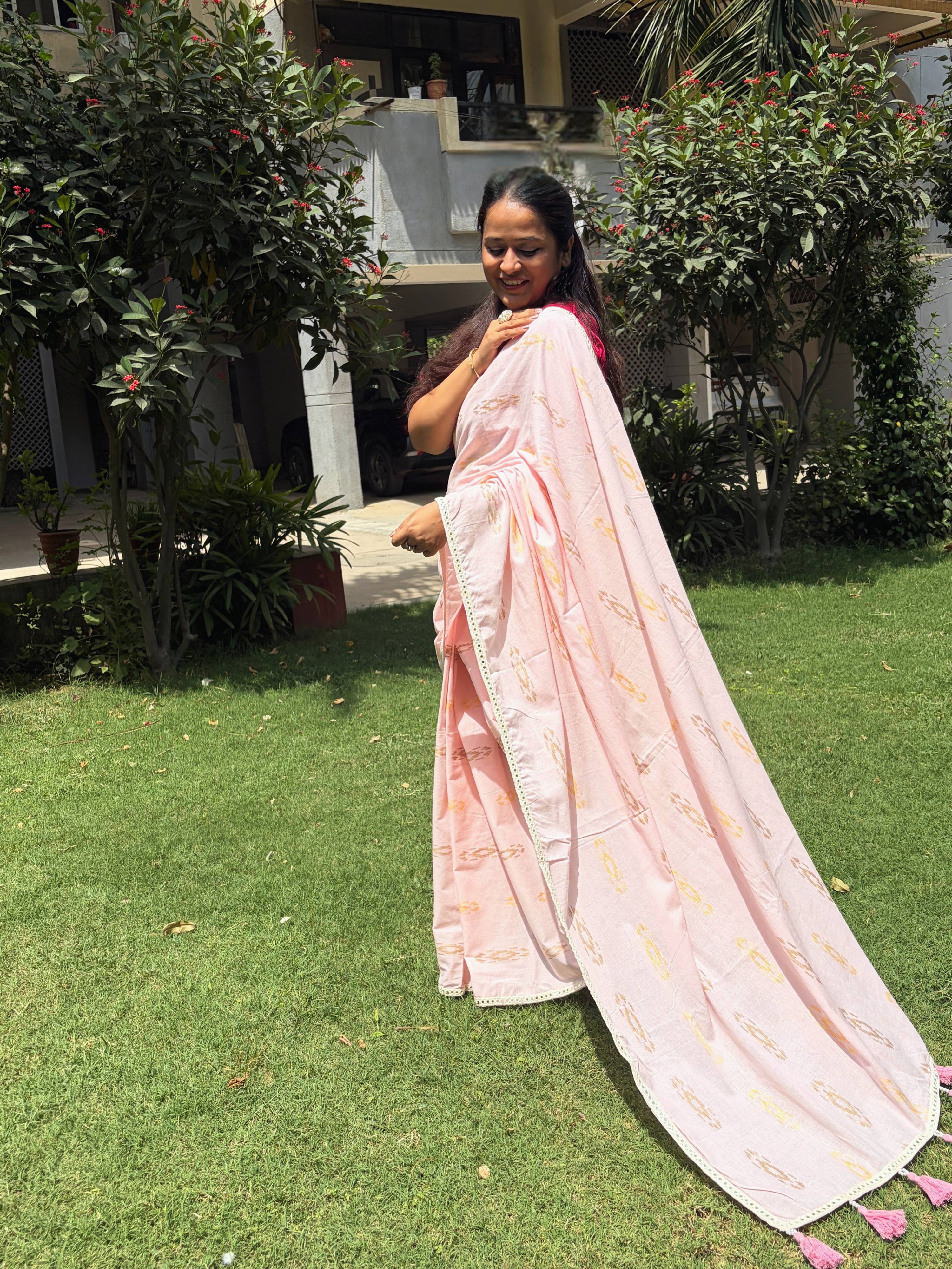 Blush Pink Ikkat Saree Ikkat Motif Pattern Closeup Ethnyk Dori