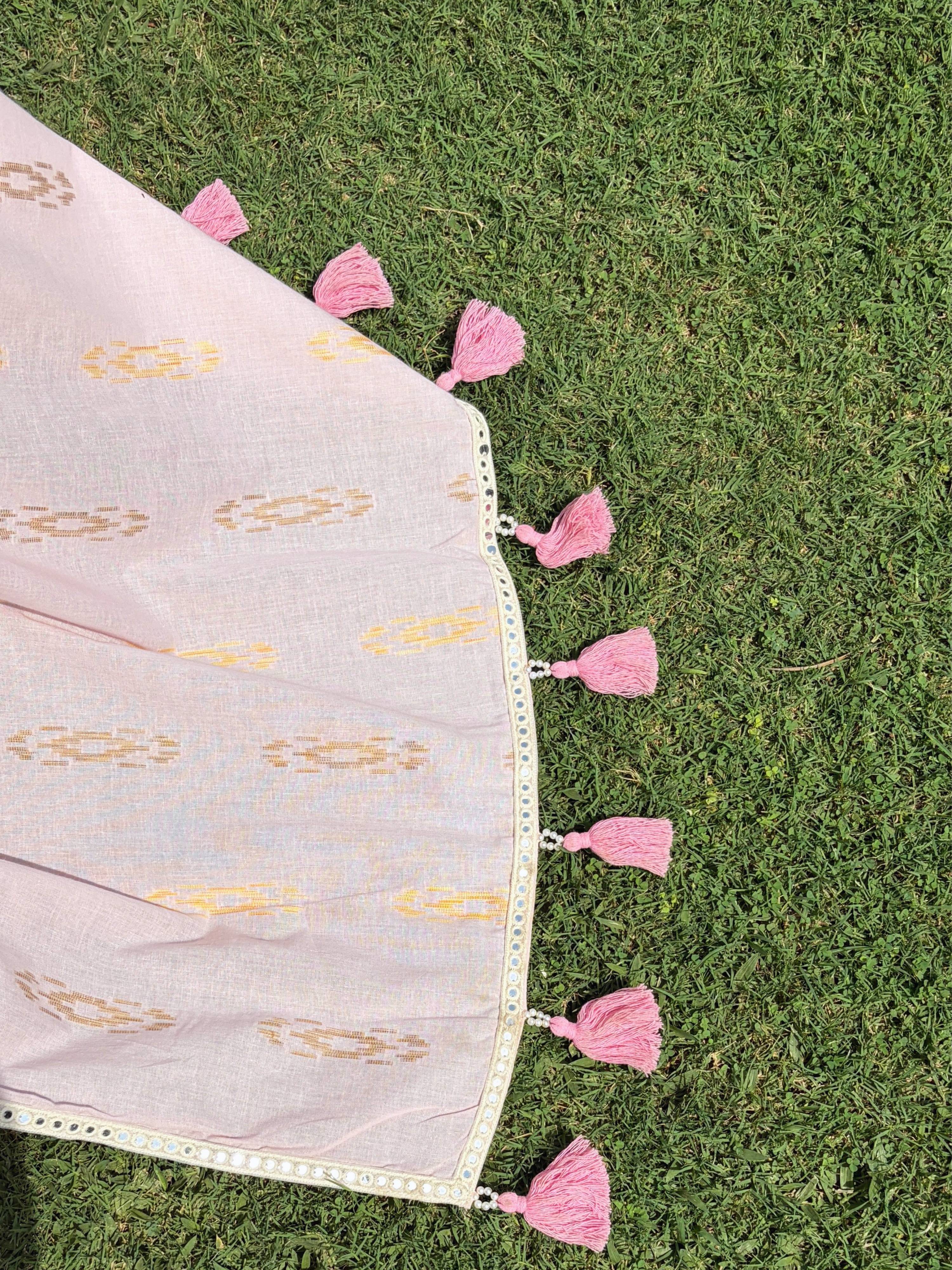 Blush Pink Ikkat Linen Saree Pink Moti Tassels Pallu Detail Ethnyk Dori