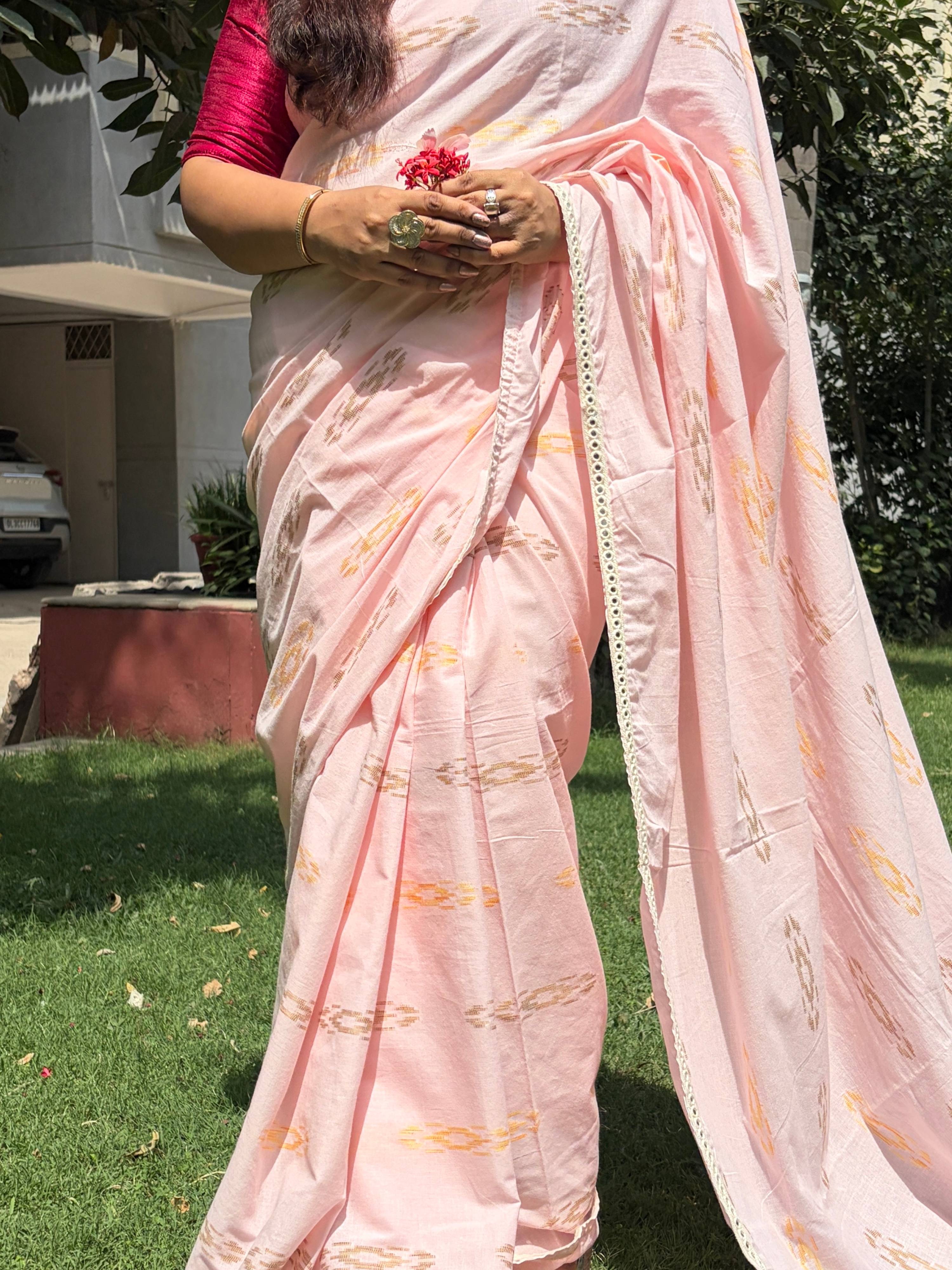 Blush Pink Ikkat Linen Saree Model Wearing Ethnic Look Ethnyk Dori