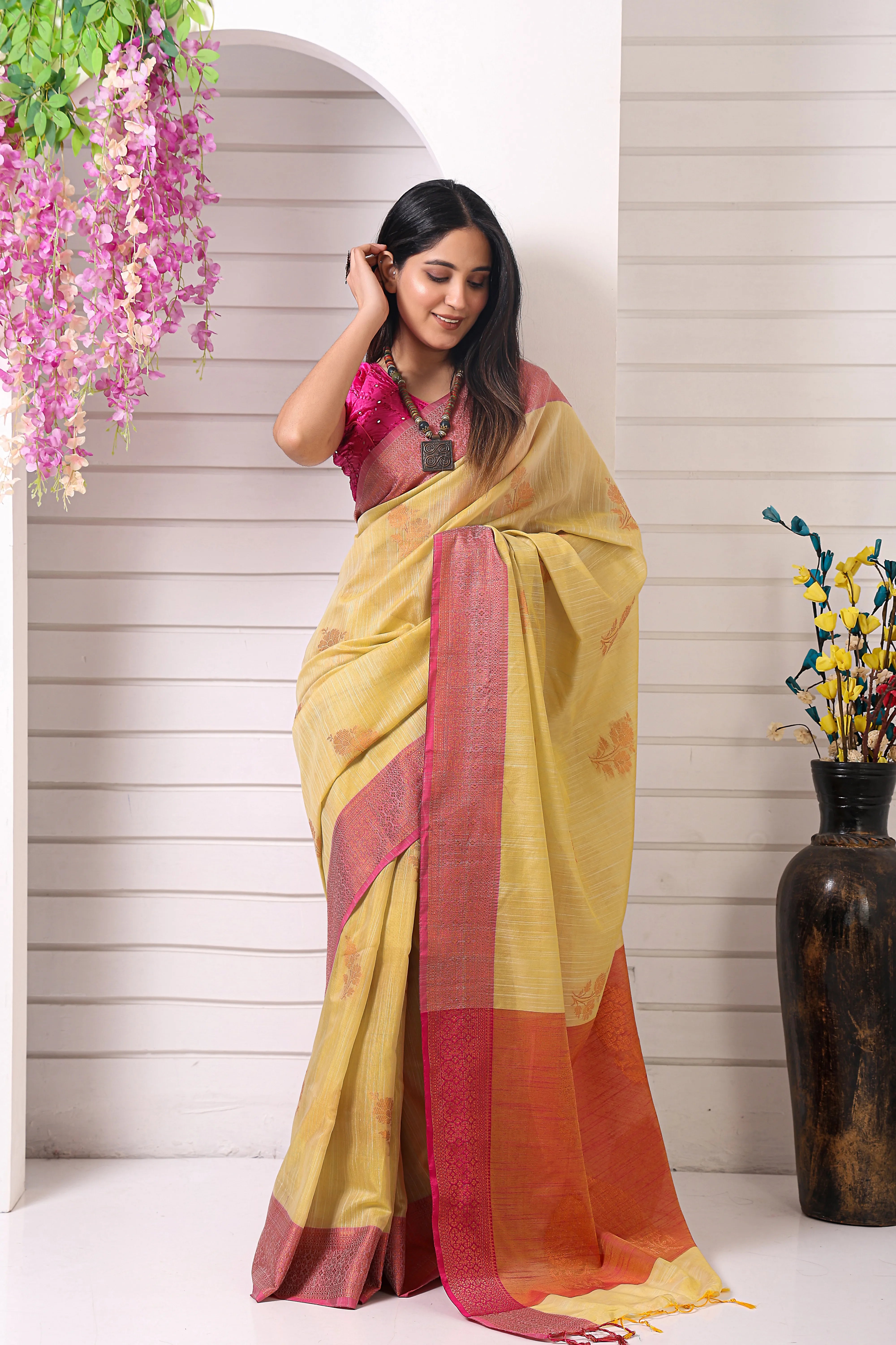 Kanak Pushp Chanderi Silk Saree Yellow Floral with Pink Coral Border Ethnyk Dori