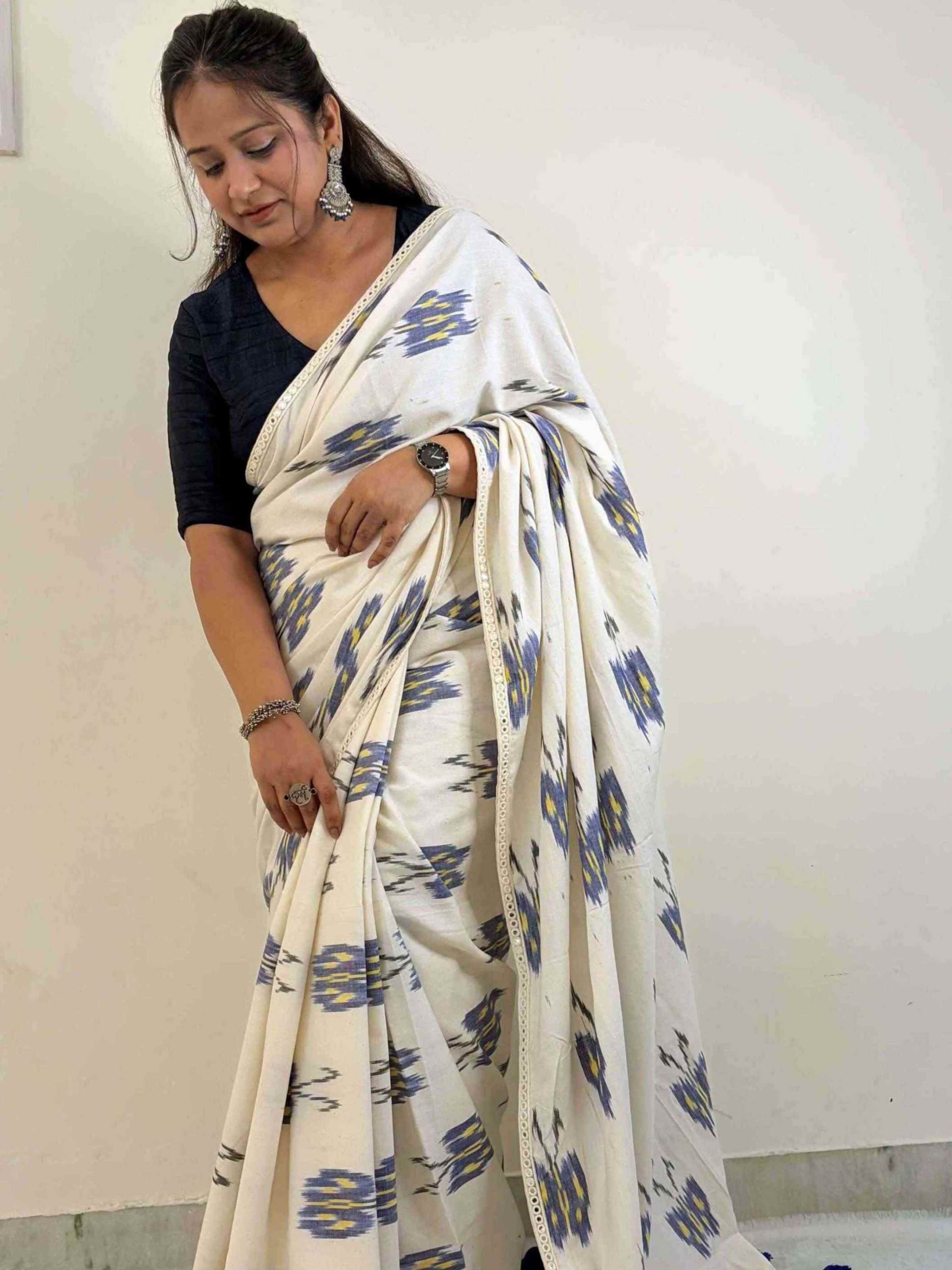Blue Colour Linen Saree Ikkat Motifs Fabric Closeup Ethnyk Dori