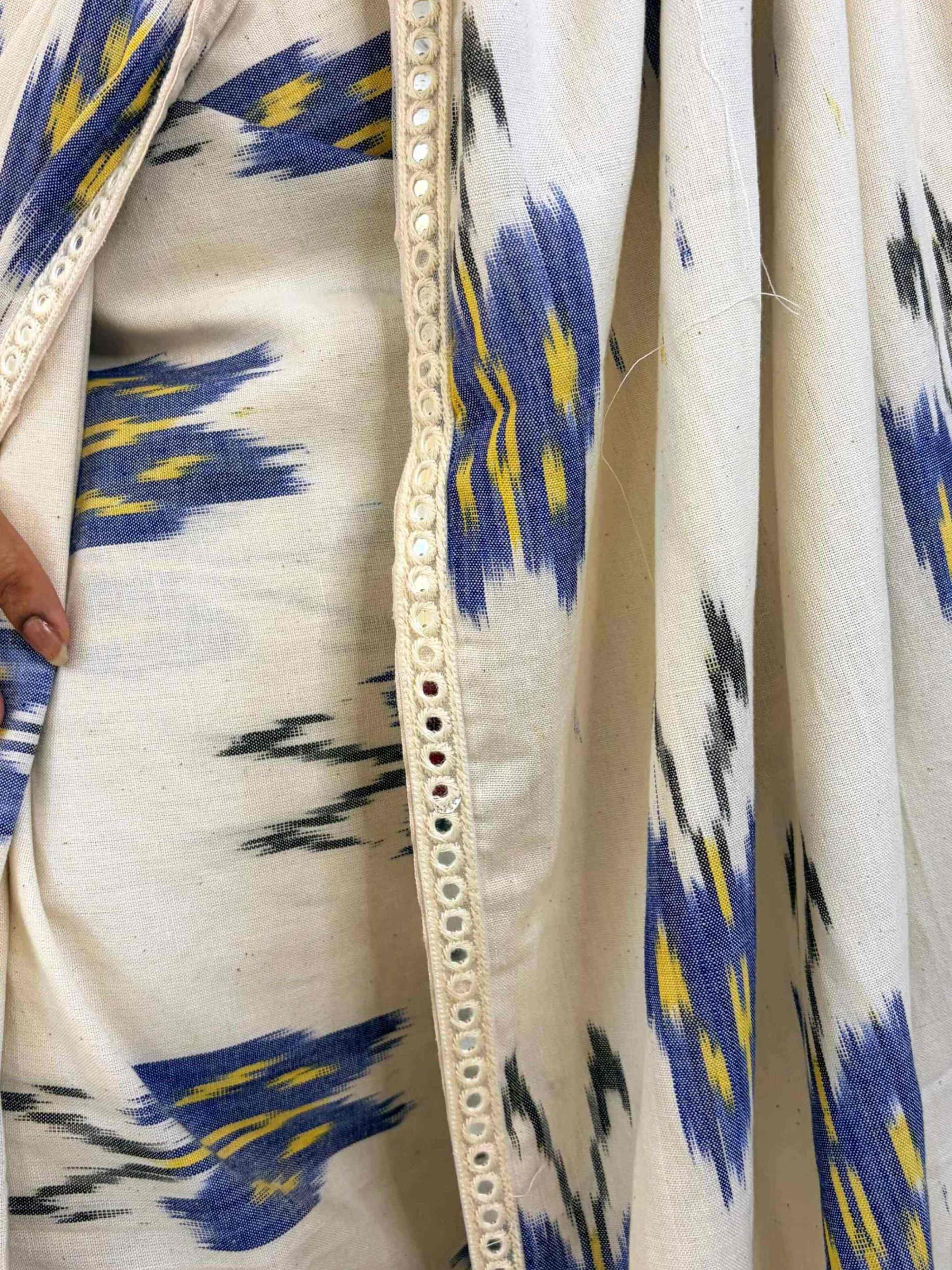 Blue Ikkat Linen Saree Model Holding Casual Ethnic Look Ethnyk Dori