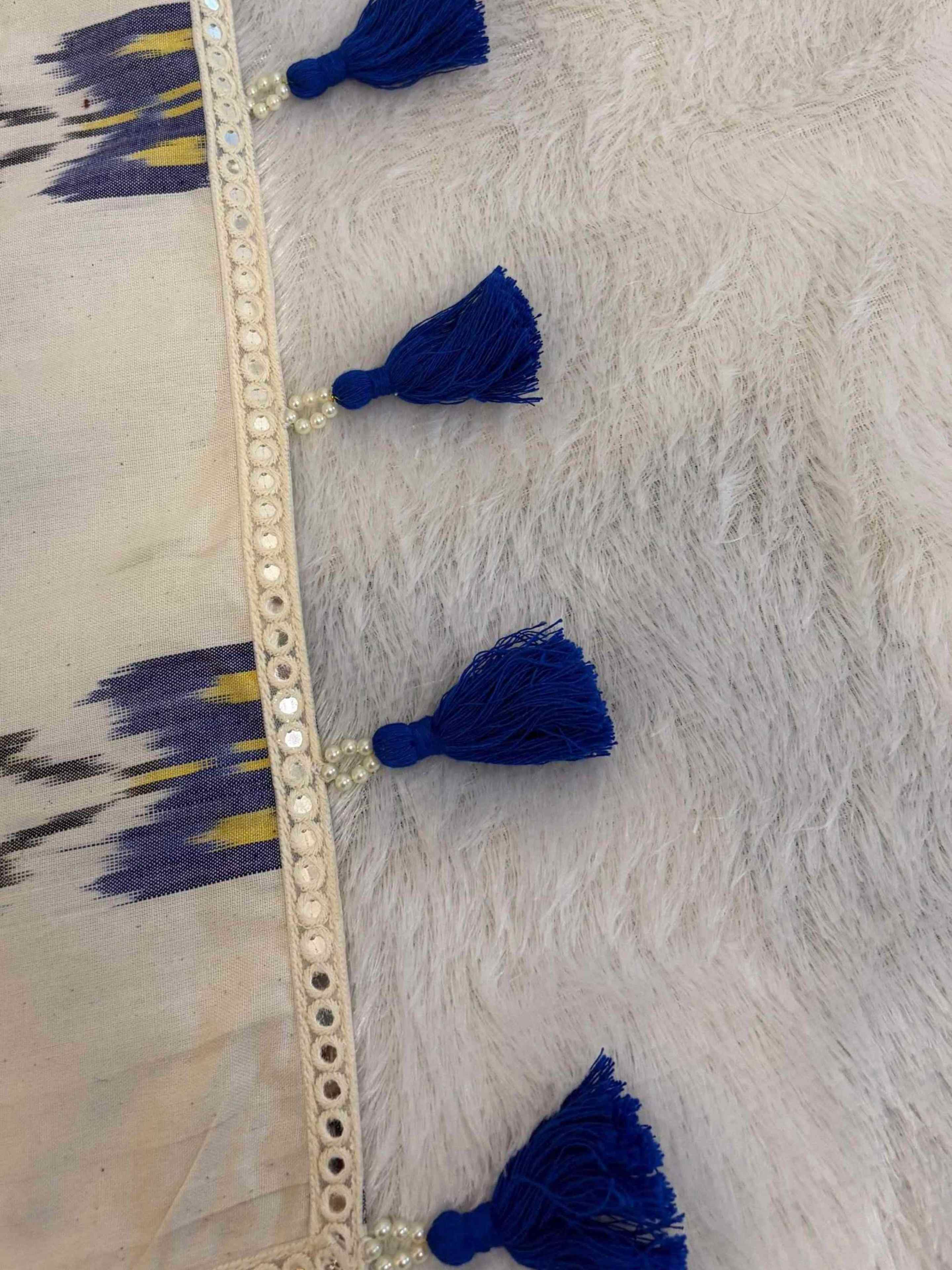 Blue Colour Linen Saree Cream Base Blue Ikkat Print Ethnyk Dori