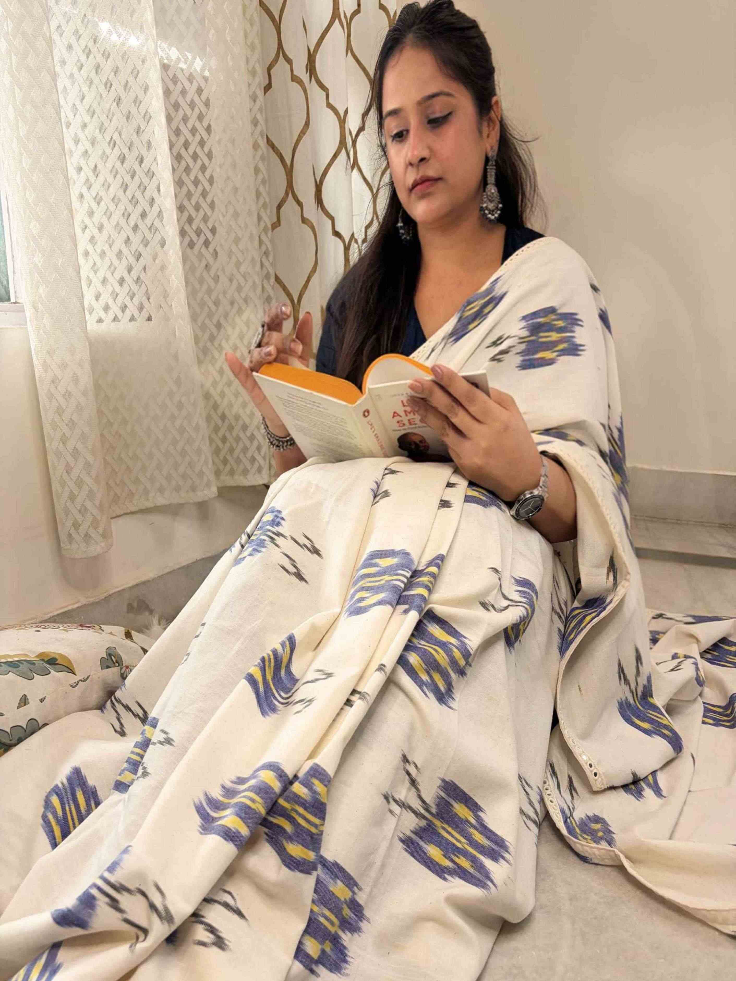 Blue Colour Linen Saree Blue Tassel Pallu Detail Ethnyk Dori
