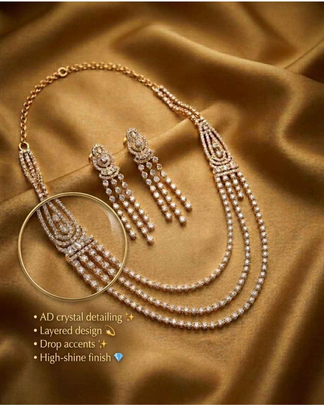 Celeste dainty layered necklace set AD crystal strands cascading drop accents high shine by Ethnyk Dori