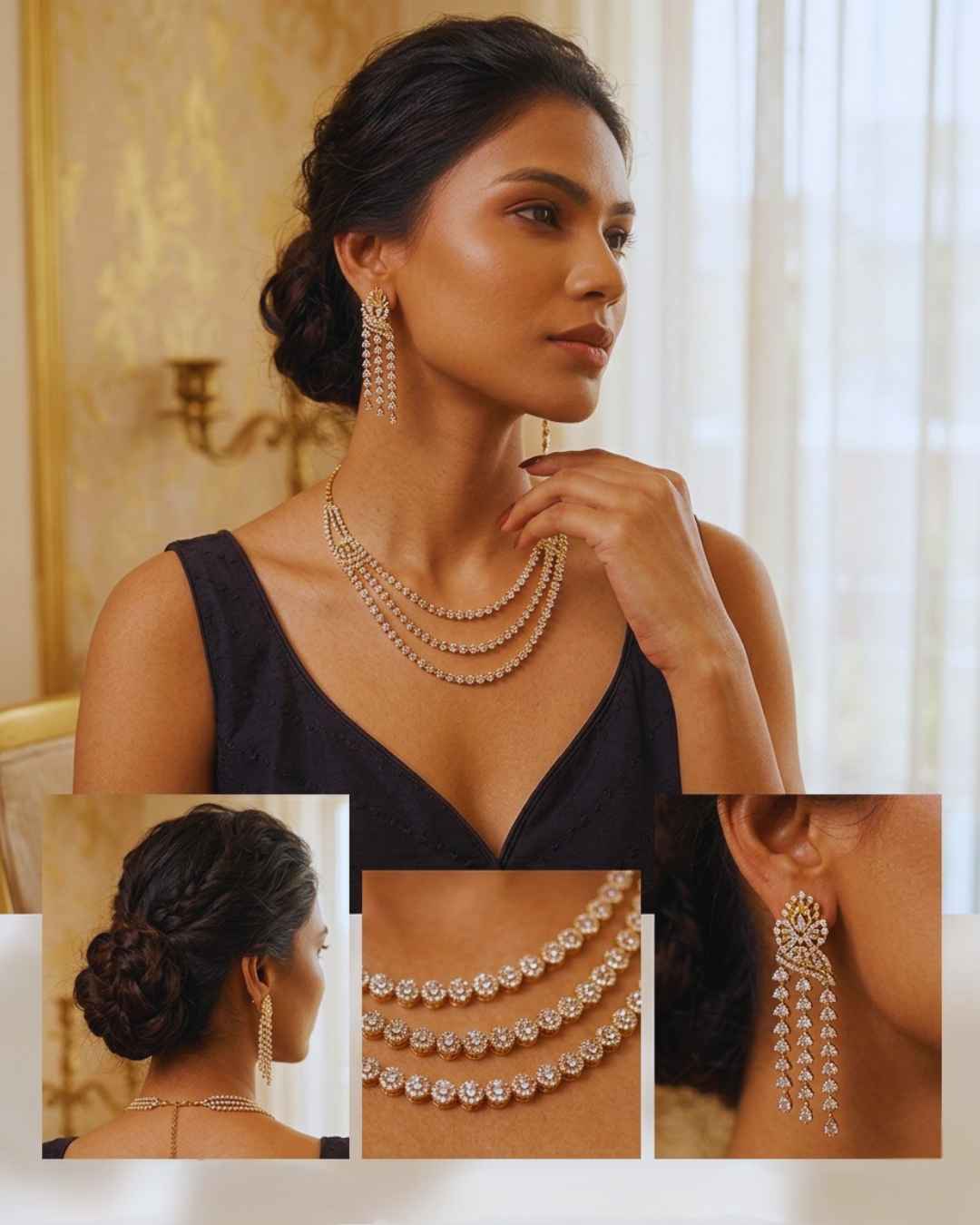 Celeste dainty layered necklace set multiple views indian party wear with drop earrings by Ethnyk Dori