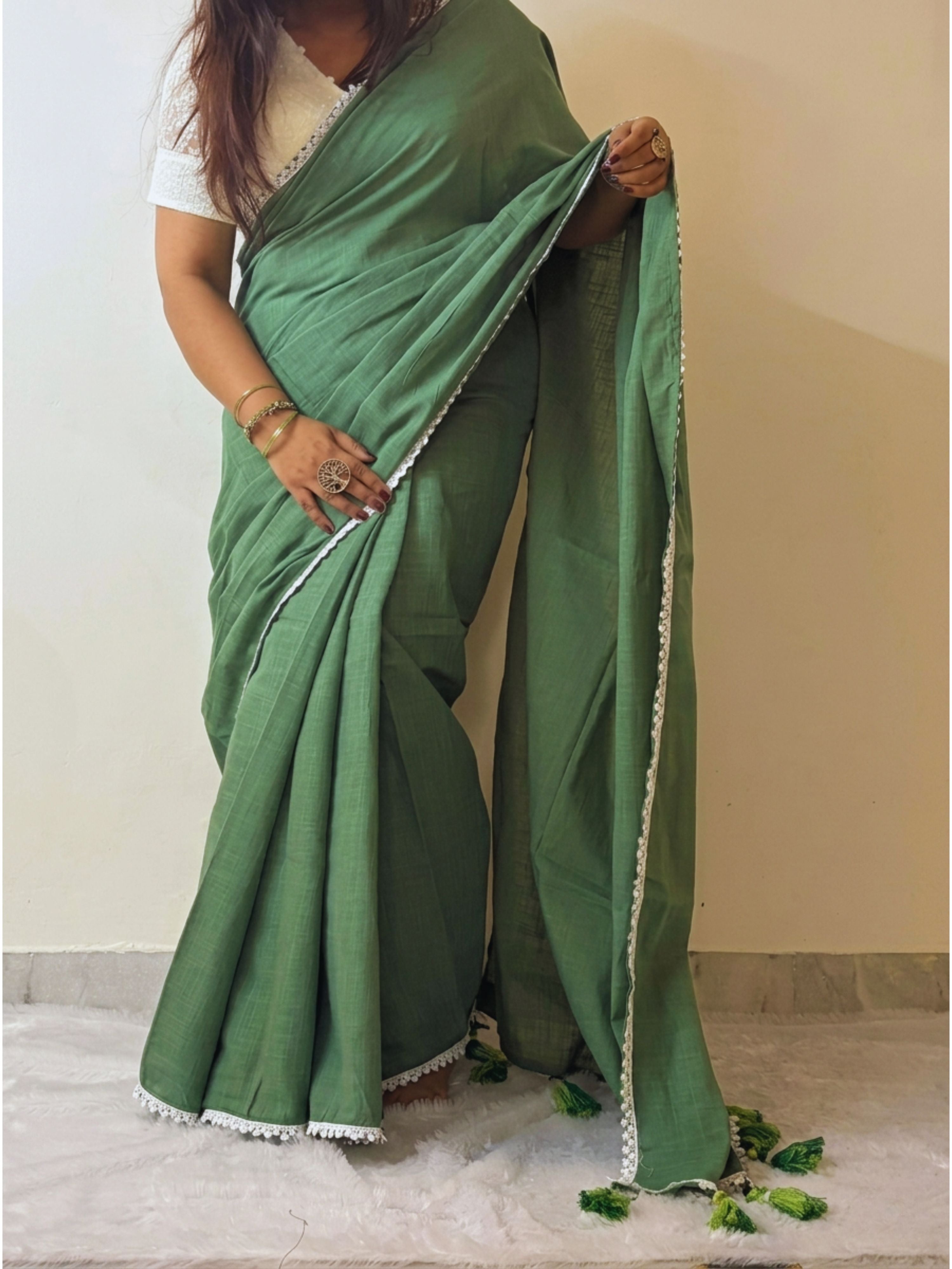 Everyday Green Pure Linen Saree Side Drape View Ethnyk Dori