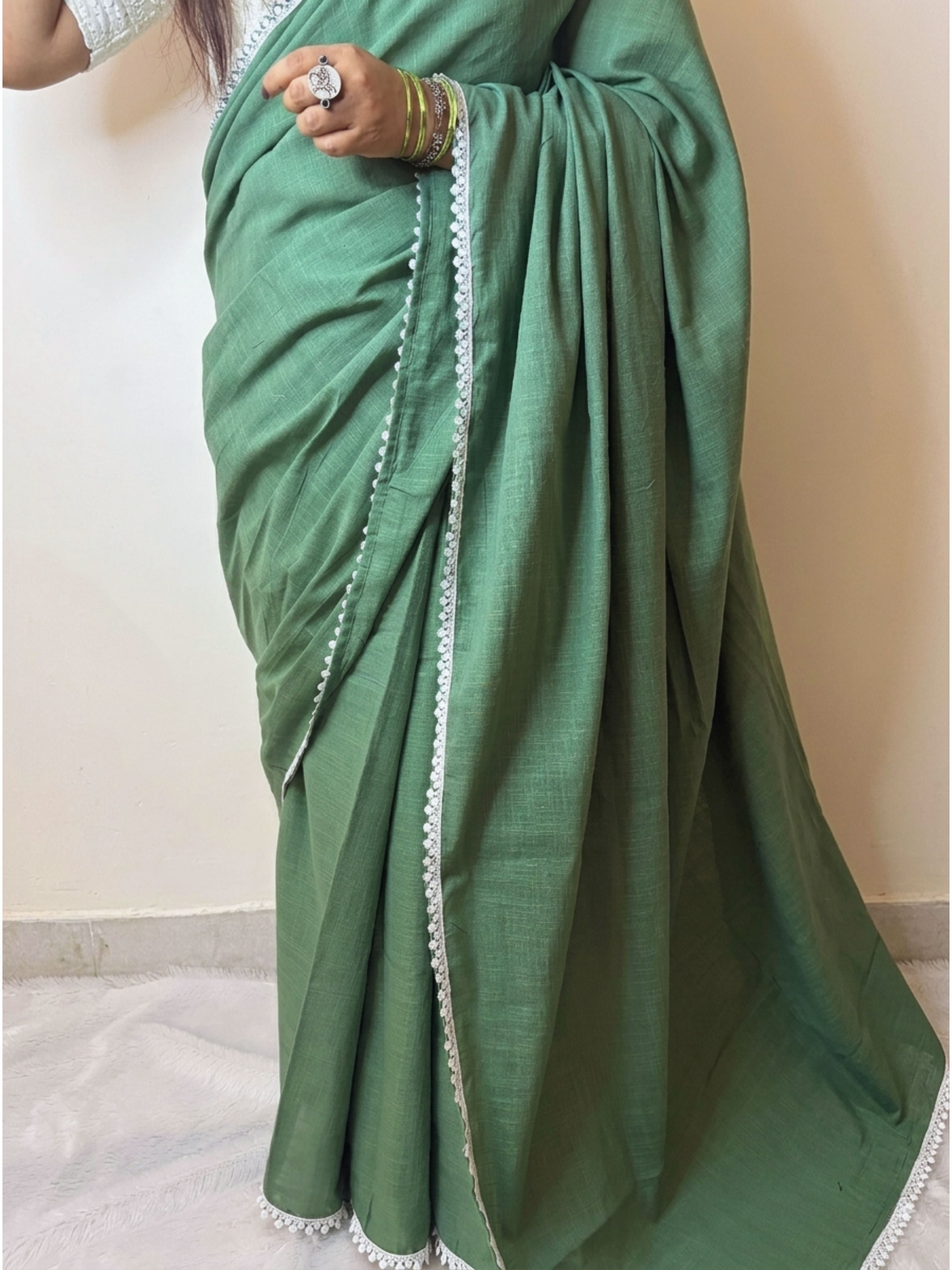 Everyday Green Linen Saree Full Display Lightweight Ethnic Wear Ethnyk Dori