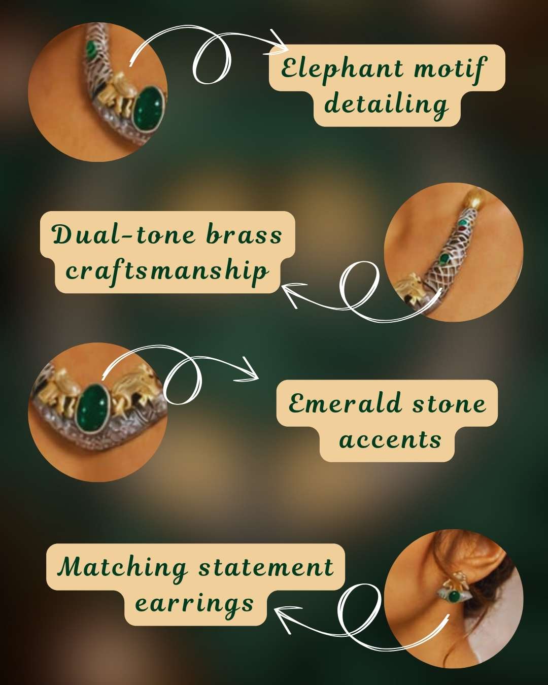 Gajraj Heritage elephant motif detailing emerald stone accents dual tone brass by Ethnyk Dori