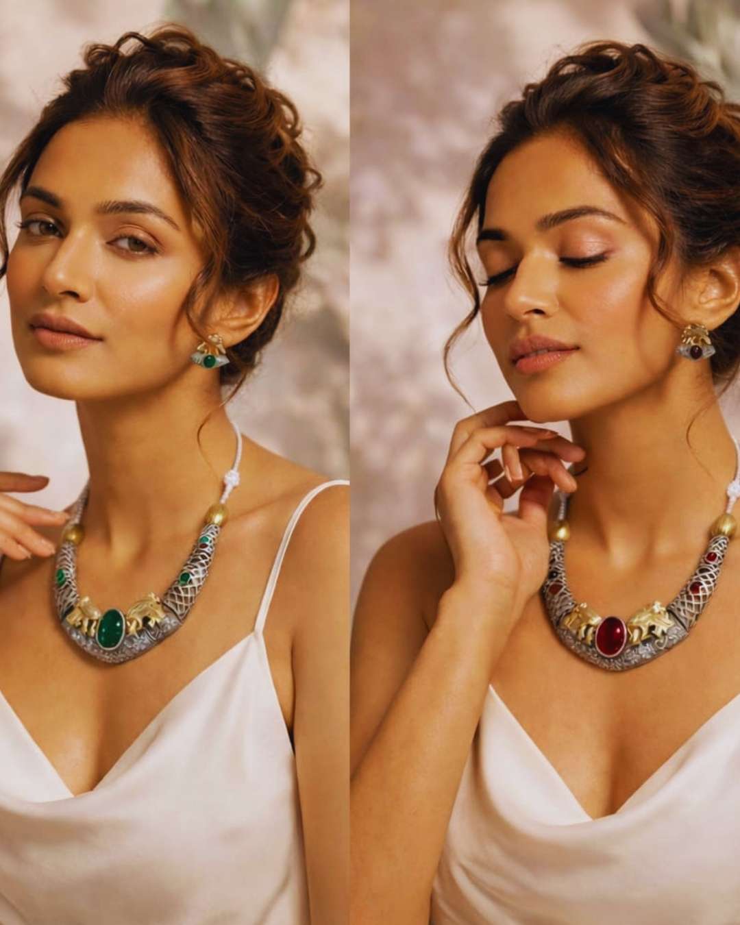 : Woman wearing Gajraj Heritage oxidised silver necklace set elephant motif by Ethnyk Dori