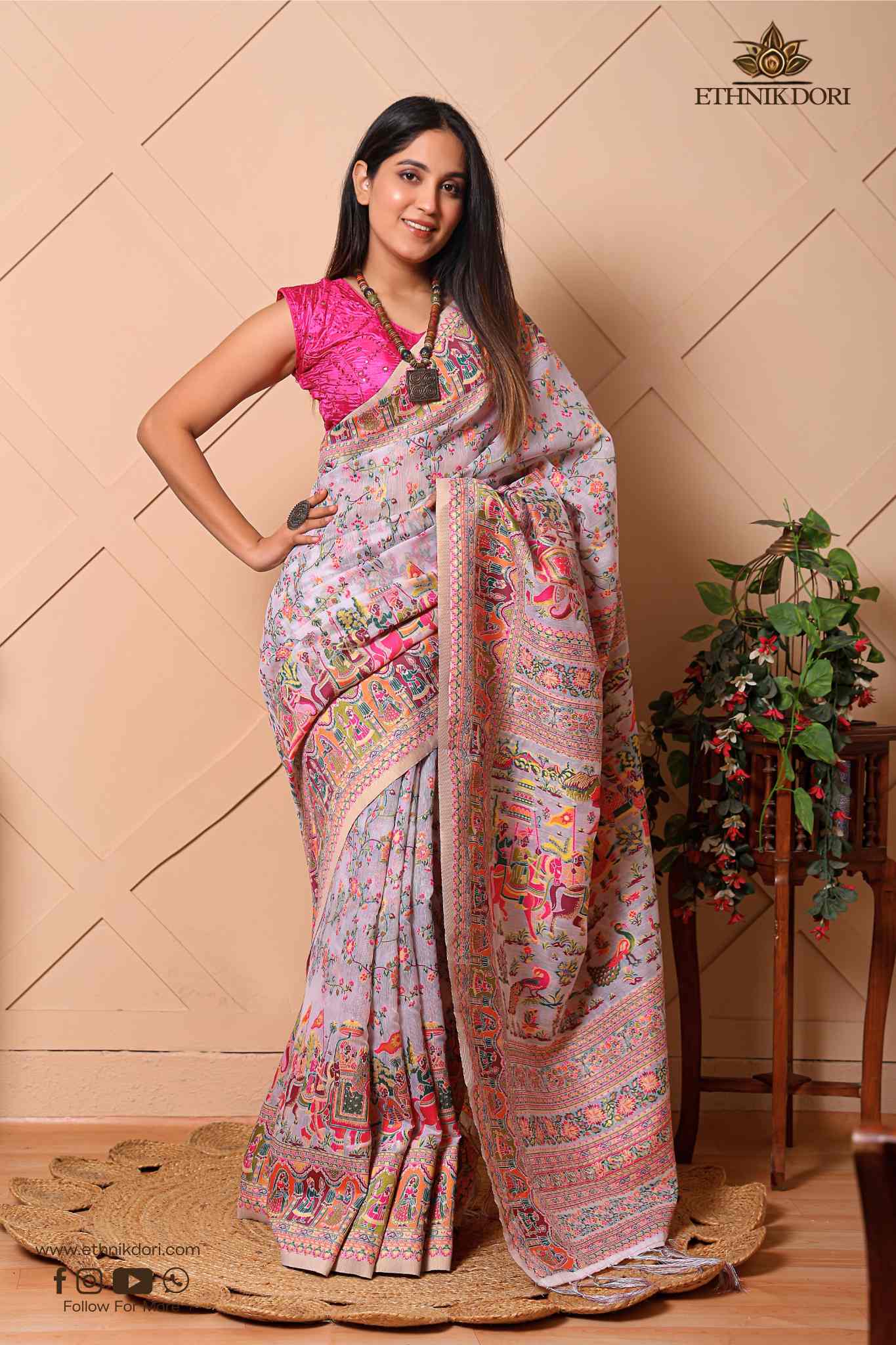 Noor e Kashmir Cotton Silk Saree Kashmiri Cultural Print Closeup Ethnyk Dori
