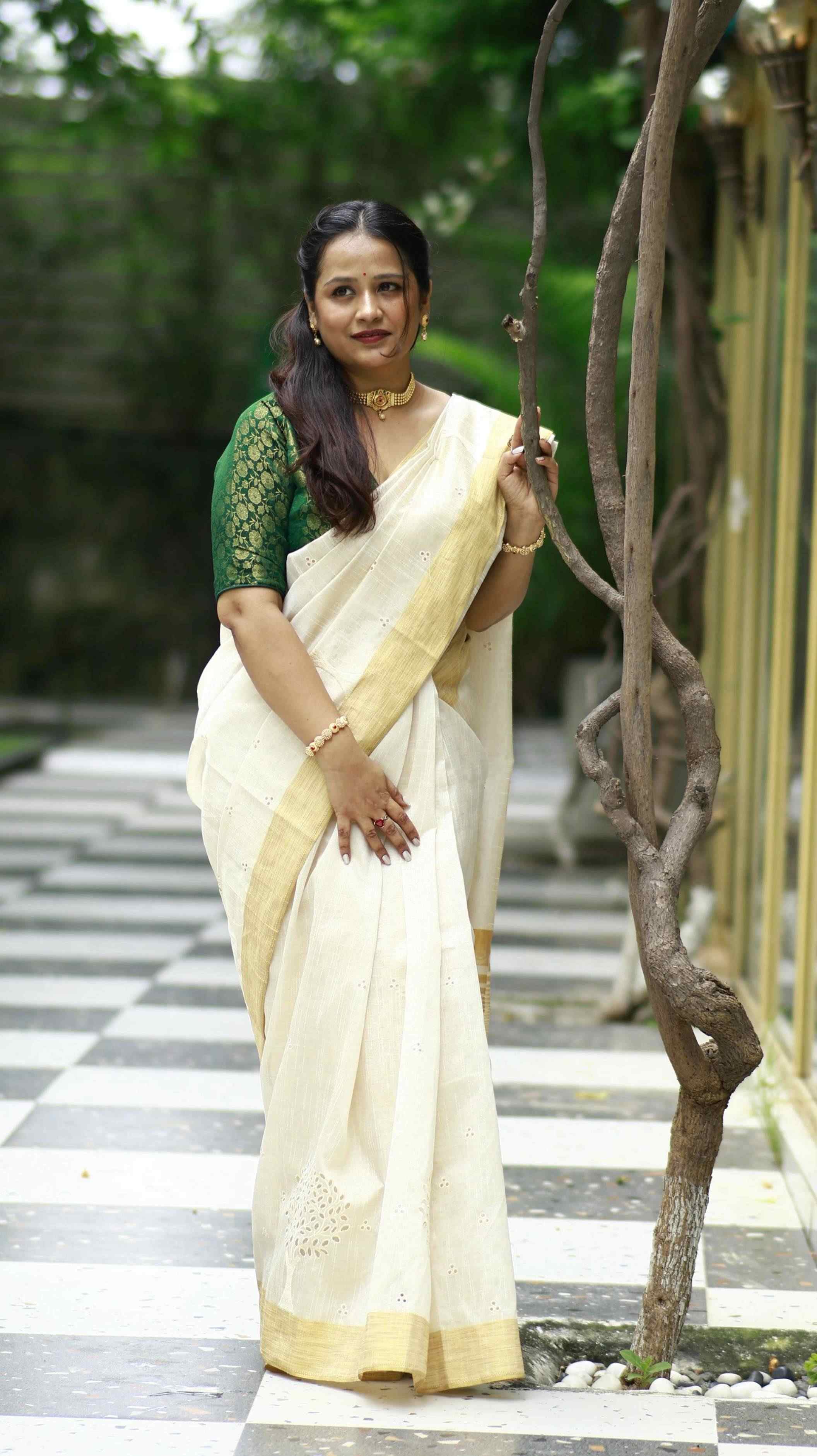 Tussar Tara Shubhra Saree Model Standing Ivory Gold Border Ethnyk Dori