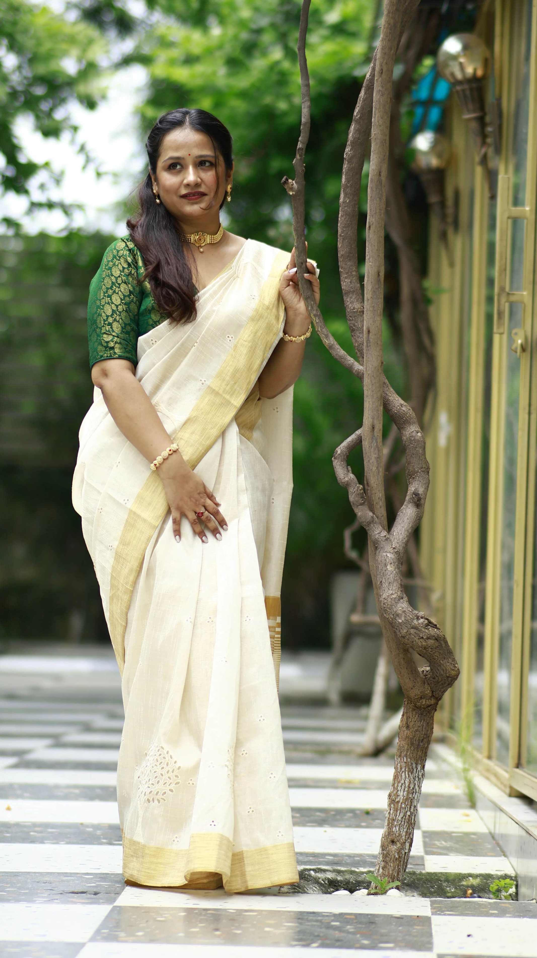 Tussar Cut Work Saree Model Elegant Pose Ivory Gold Ethnyk Dori