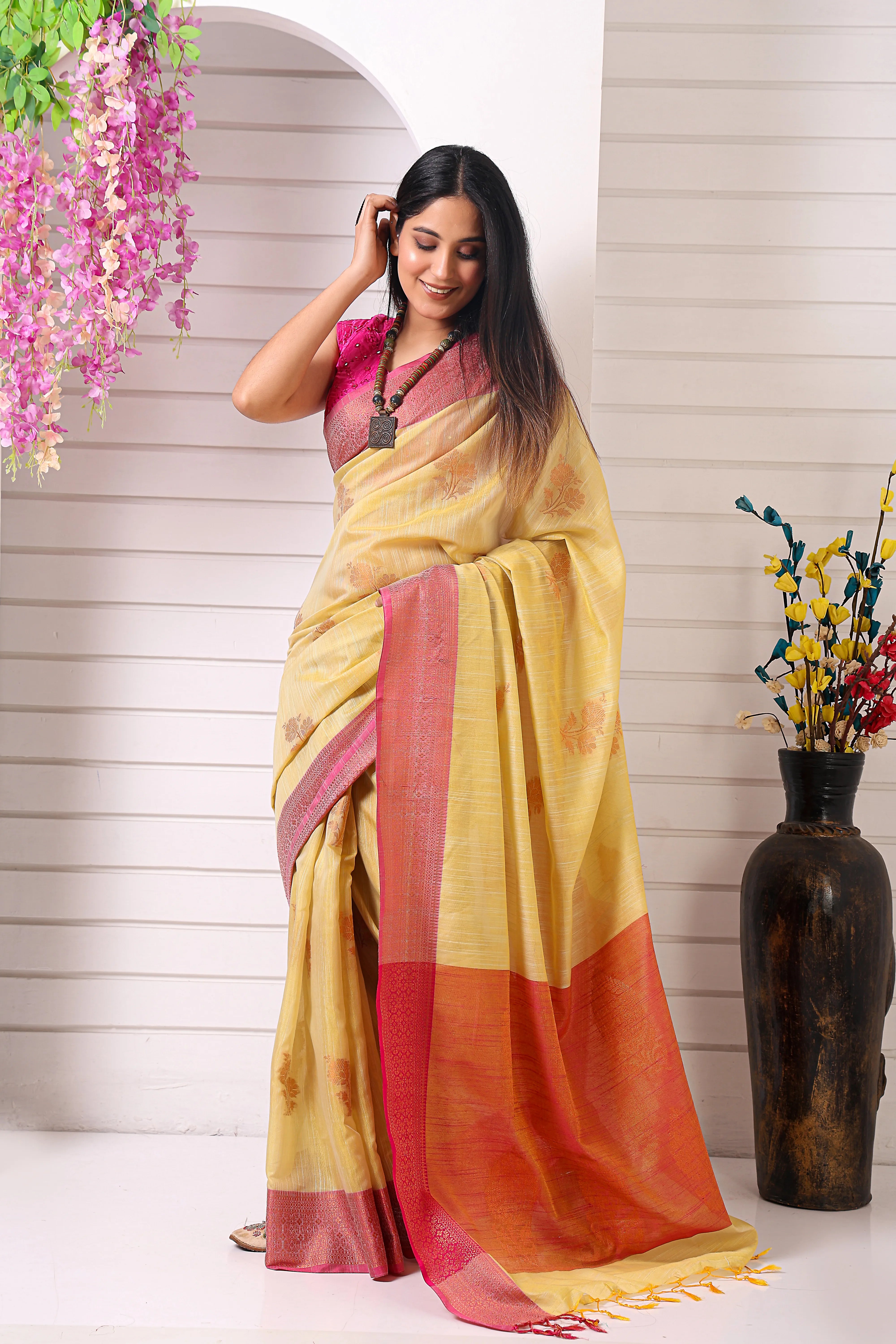 Kanak Pushp Chanderi Silk Saree Yellow Floral with Pink Coral Border Ethnyk Dori