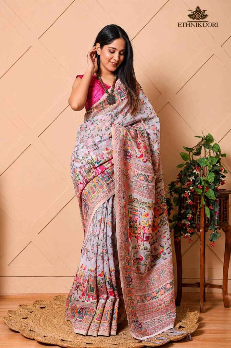 Noor e Kashmir Cotton Silk Saree White Kashmiri Heritage Print Full Drape Ethnyk Dori