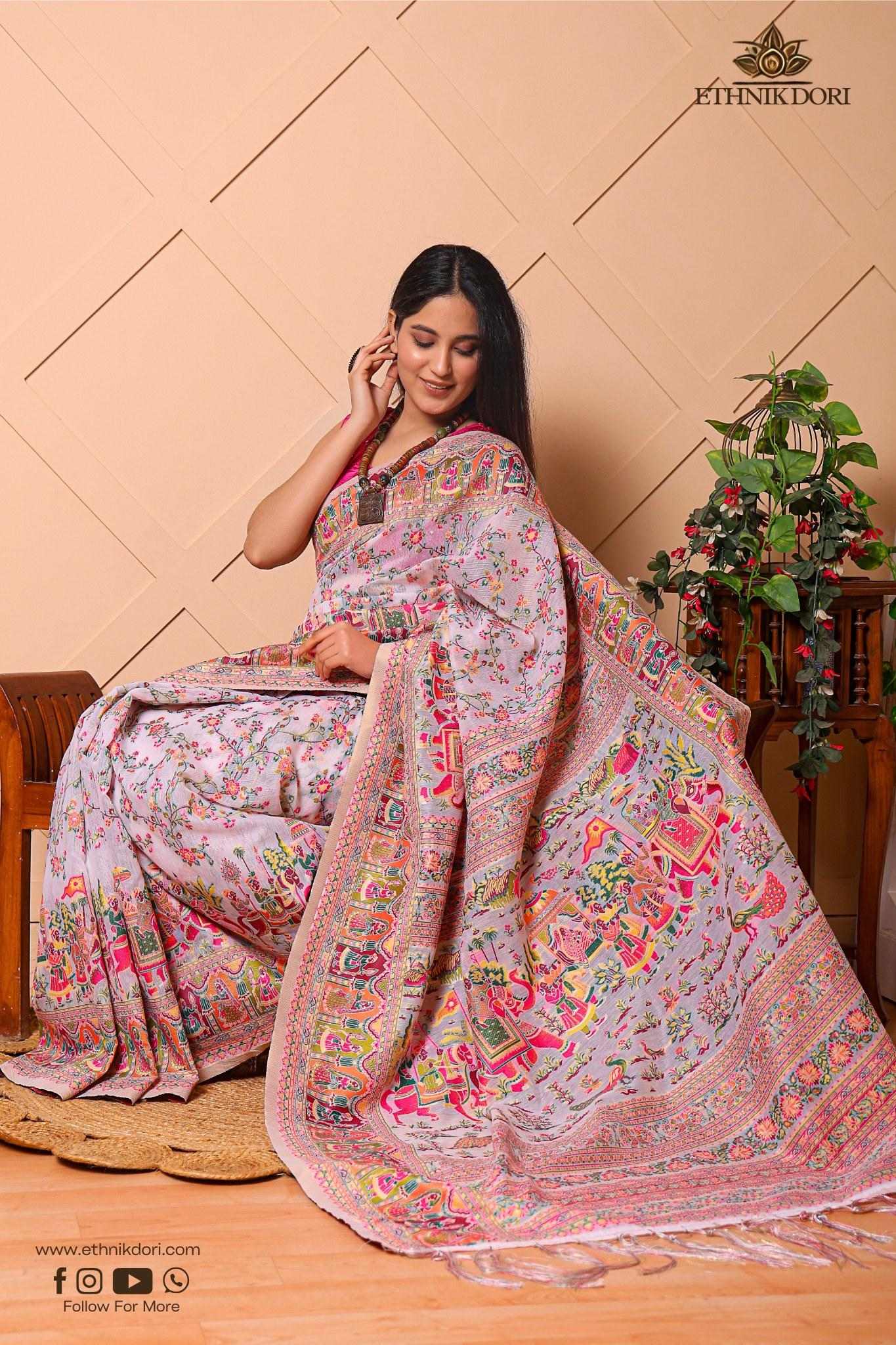 Noor e Kashmir Saree White Floral Elephant Motif Kashmiri Woven Work Ethnyk Dori