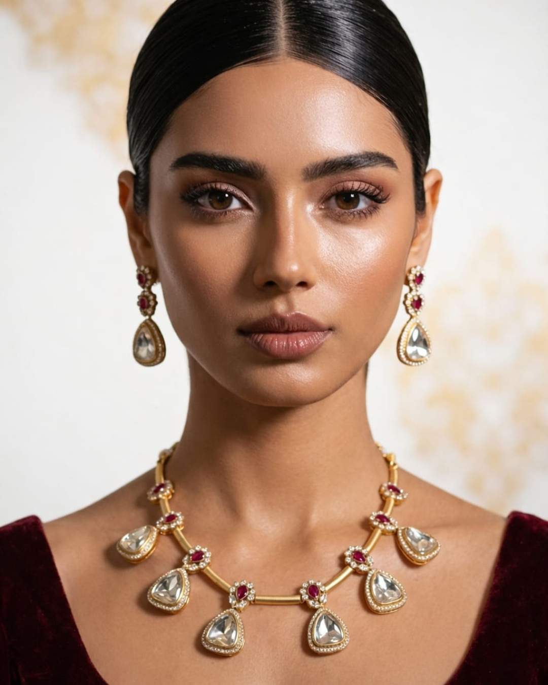 Woman wearing Nooré Vyna ruby necklace with saree gold drop set by Ethnyk Dori