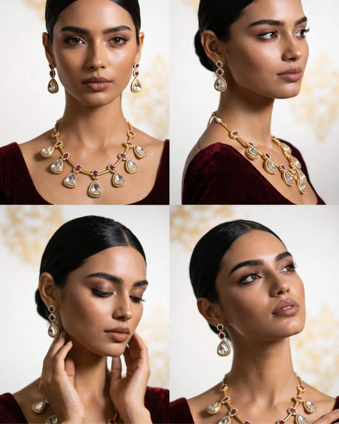  Nooré Vyna ruby necklace set multiple views with matching earrings by Ethnyk Dori
