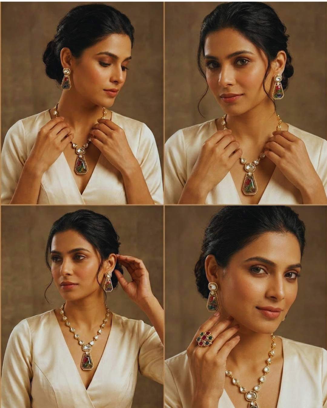 Noore Elara rajputi gold pendant set multiple views with matching earrings by Ethnyk Dori