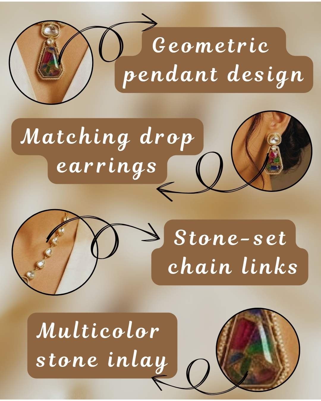 Noore Elara geometric pendant multicolor stone inlay and stone chain links by Ethnyk Dori