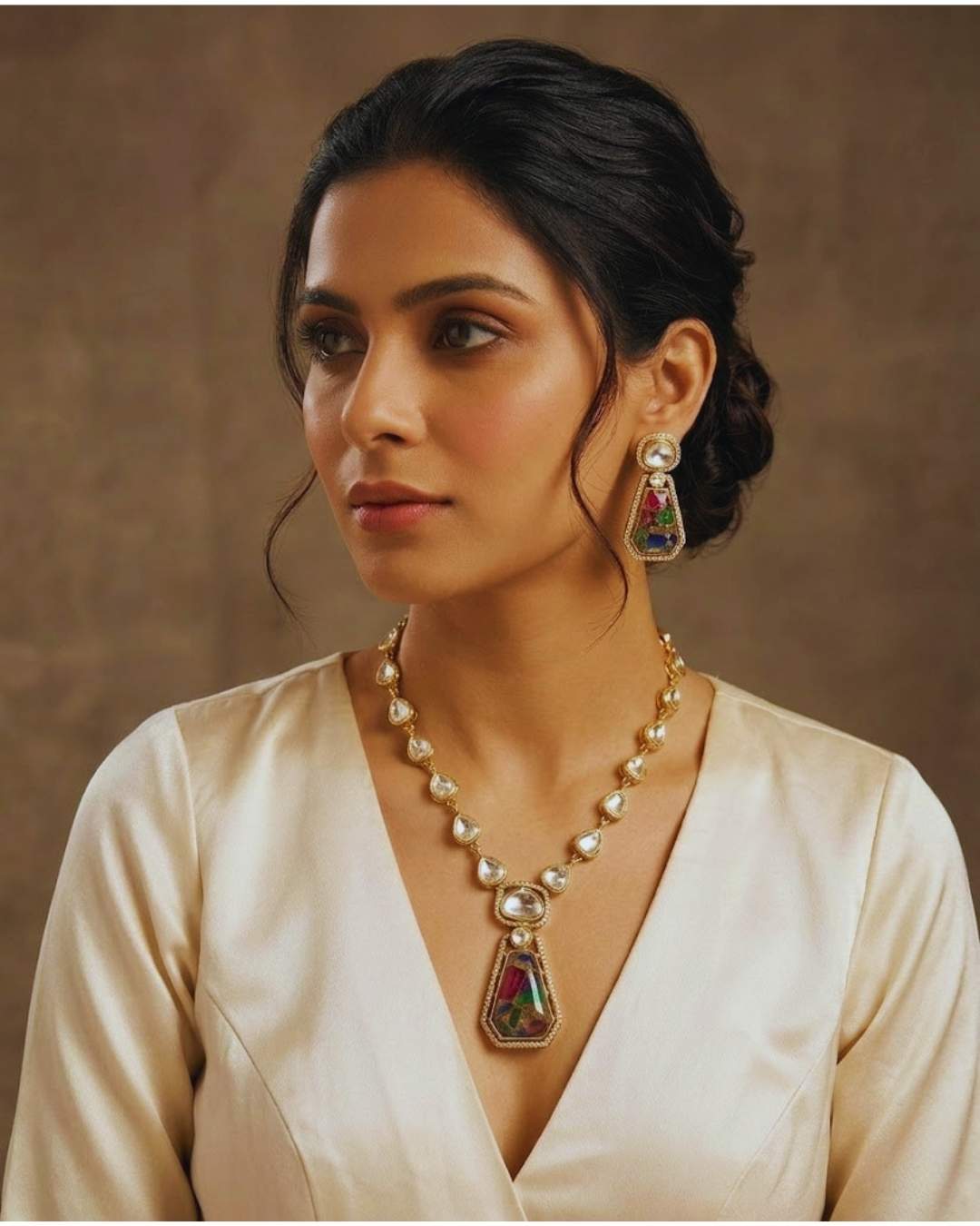  Woman wearing Noore Elara rajputi gold pendant set kundan multicolor stone by Ethnyk Dori