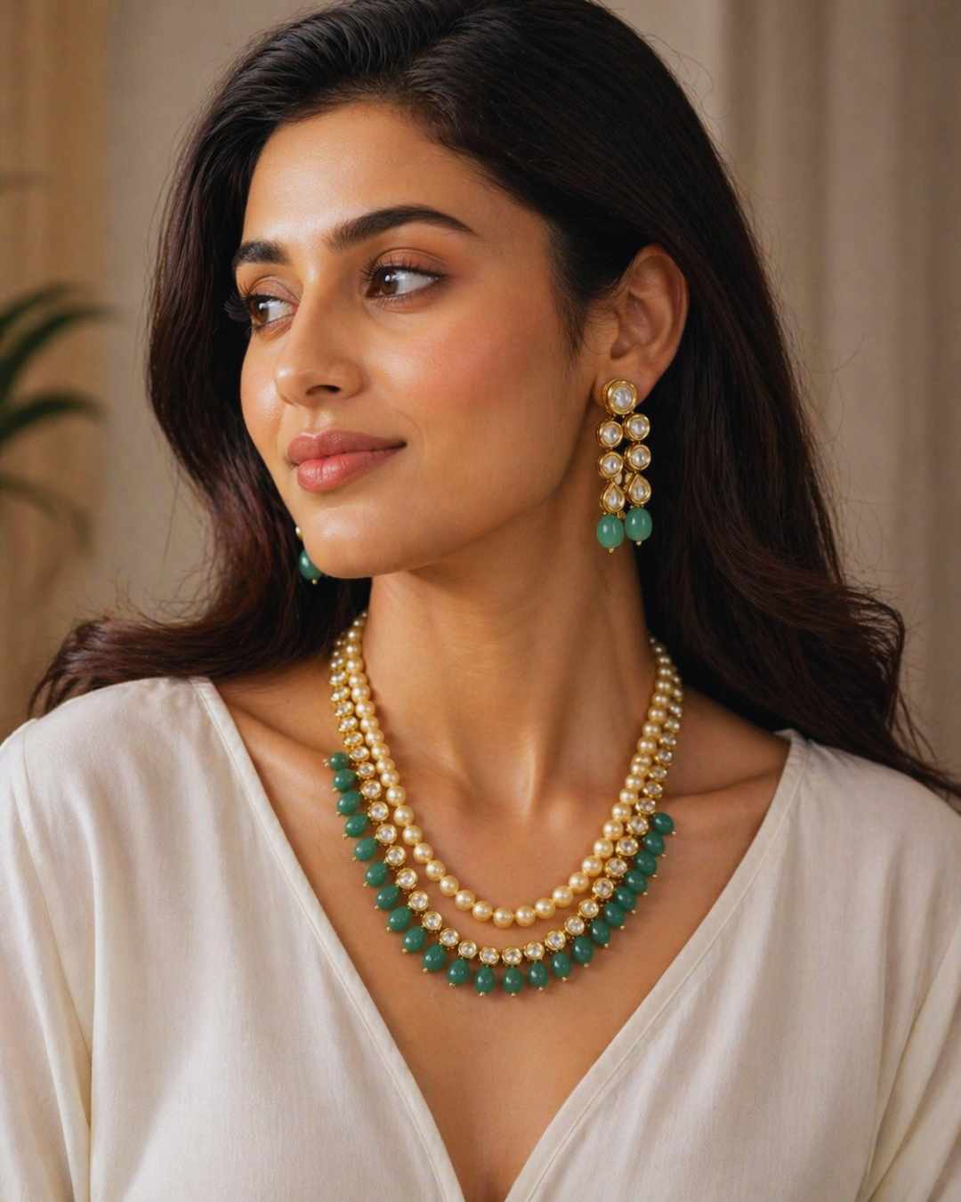 Woman wearing Pearl Kundan Set pearl and diamond necklace and earrings jade green drops by Ethnyk Dori