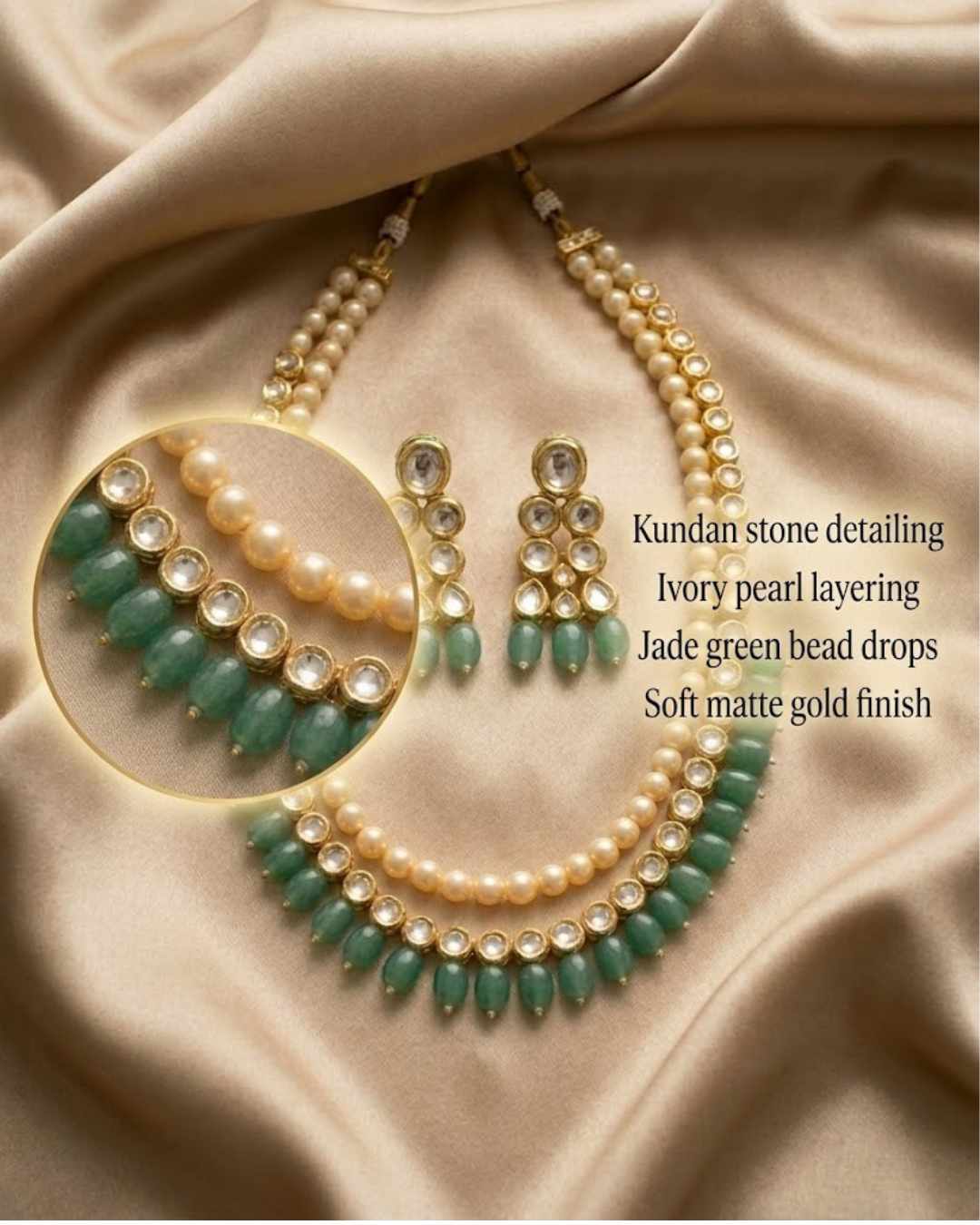  Pearl Kundan Set kundan stone detailing ivory pearl layering jade green bead drops by Ethnyk Dori