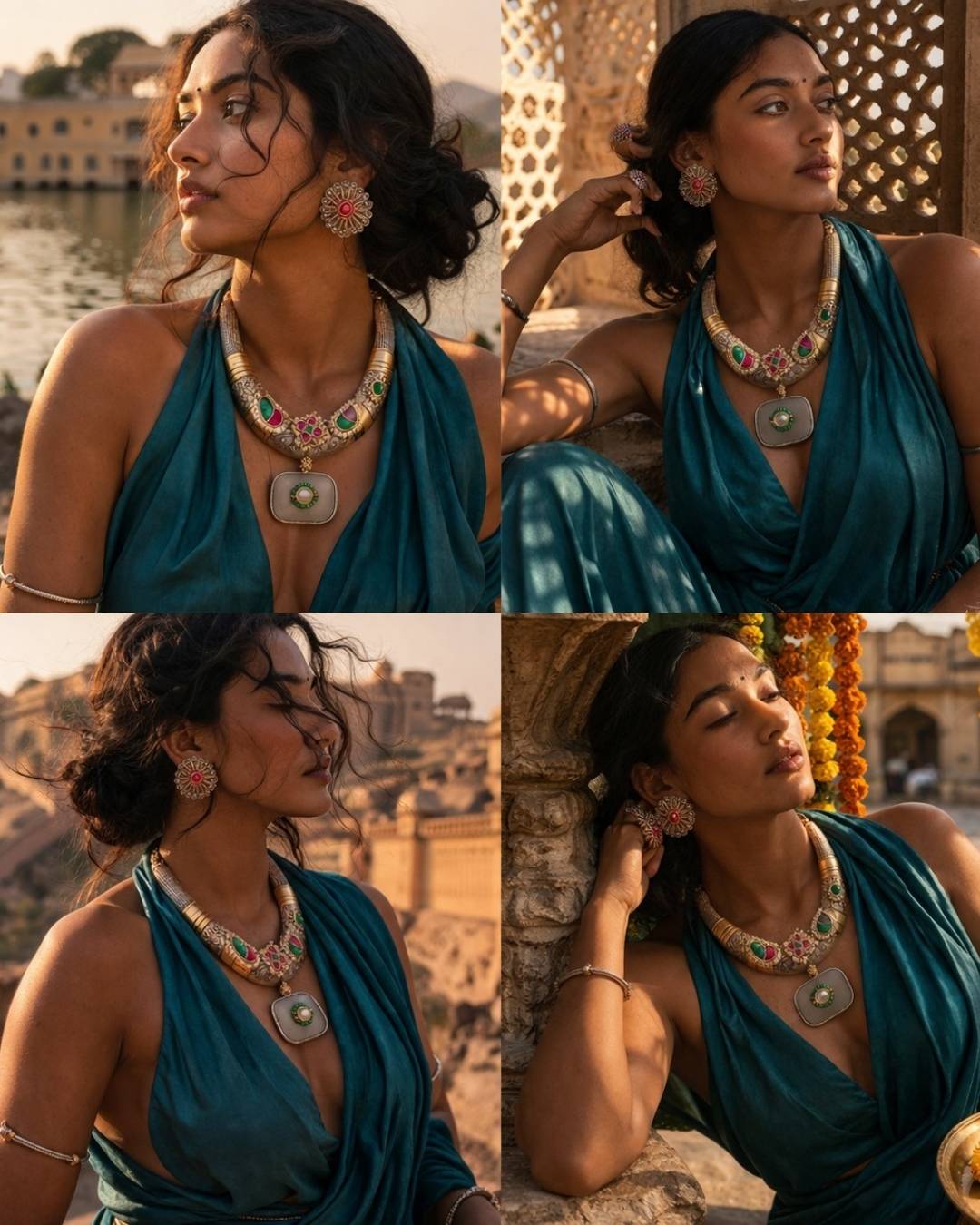 Rajsi Devika temple choker set multiple views intricate carvings and stone accents by Ethnyk Dori