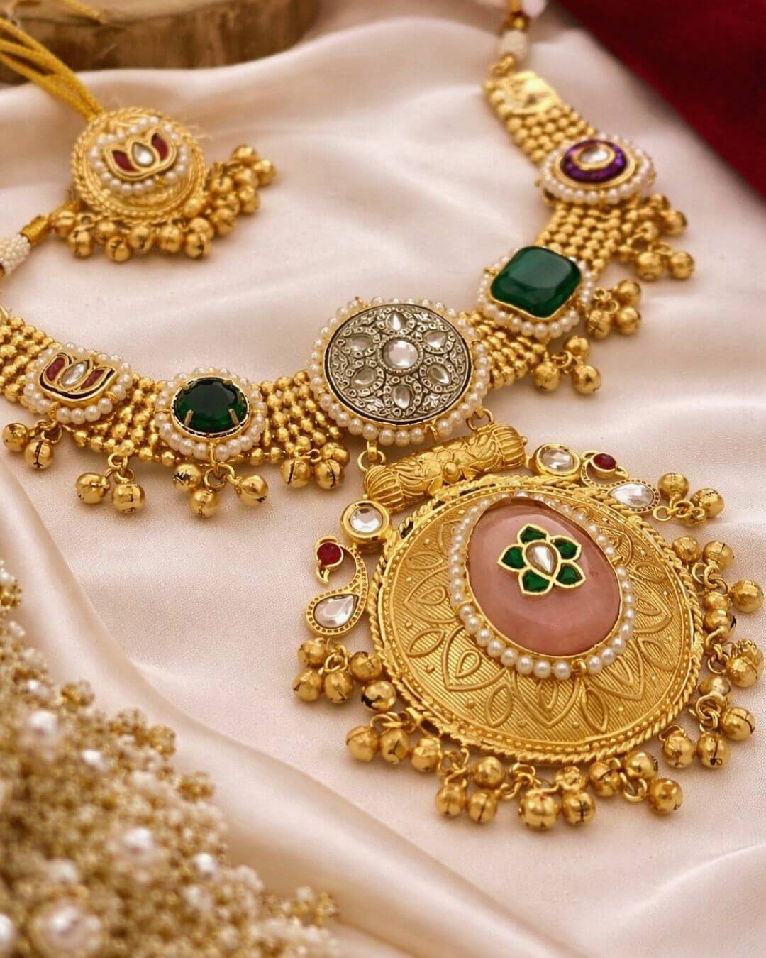 
Close up of Rajsi pearl choker necklace lotus motif and pearl detailing by DORI LUXE Ethnyk Dori
