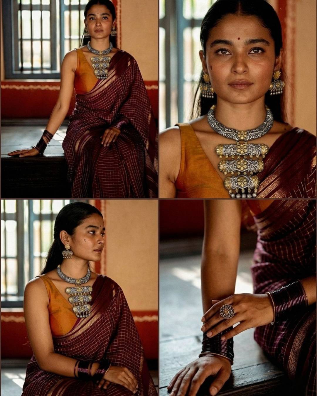 
Woman wearing Zayra golden oxidised jewellery with saree dual tone choker set by Ethnyk Dori