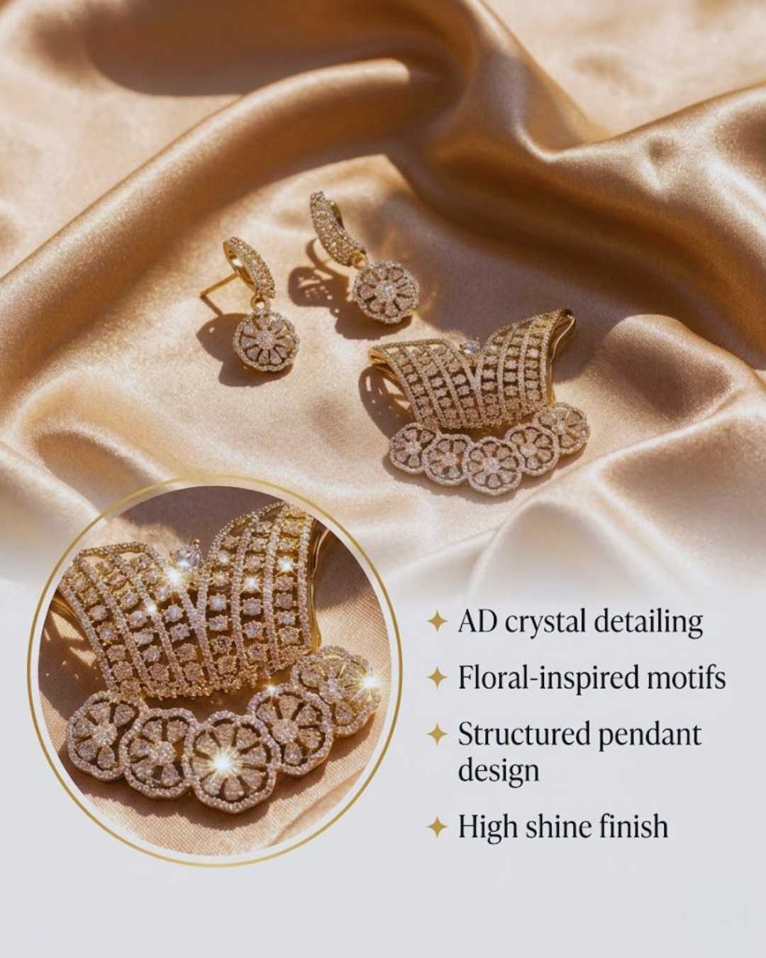 Ziva pendant set AD crystal detailing floral motifs high shine finish by Ethnyk Dori