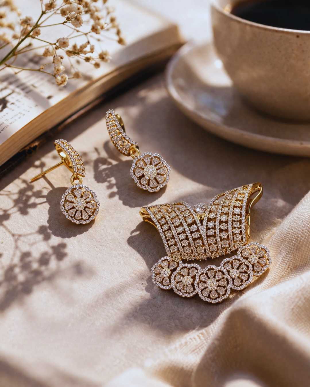  Ziva bridal gold jewellery india AD crystal floral pendant set with earrings by Ethnyk Dori