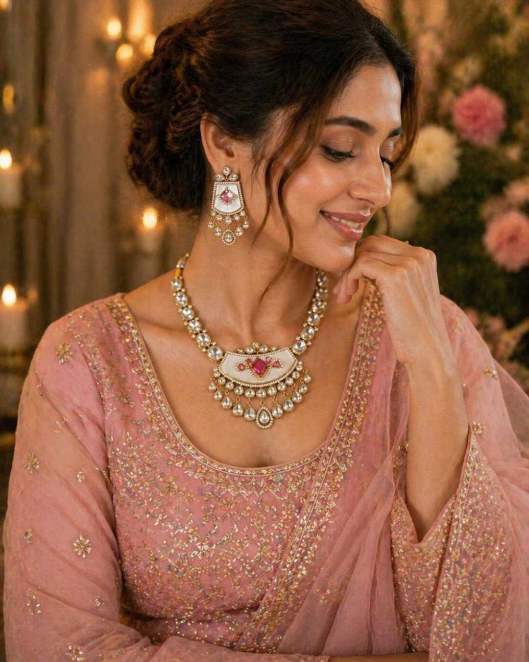  Woman wearing Zivah polki jewellery set with pearl drops and pink stone accents by Ethnyk Dori