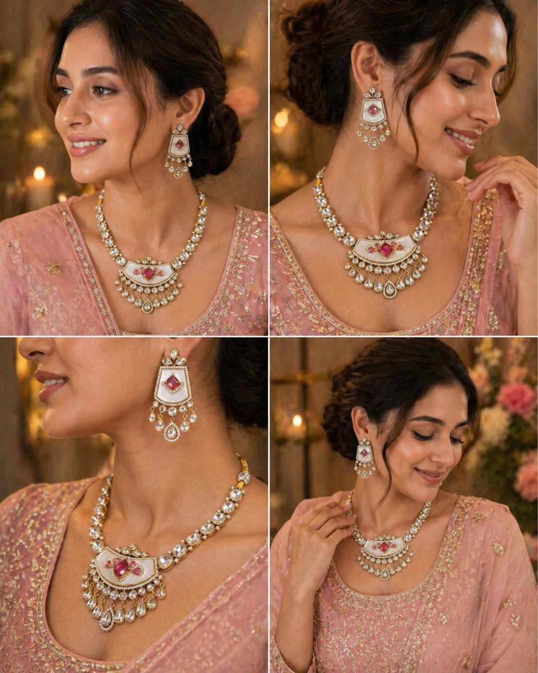 Zivah polki jewellery set multiple views with matching earrings bridal festive styling by Ethnyk Dori