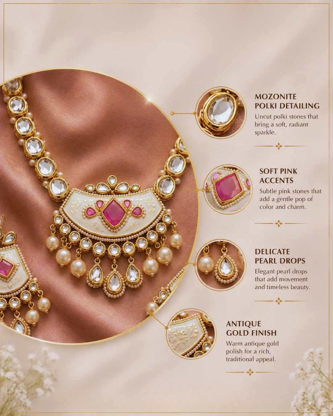 Zivah polki necklace set mozonite polki detailing pearl drops antique gold finish by Ethnyk Dori